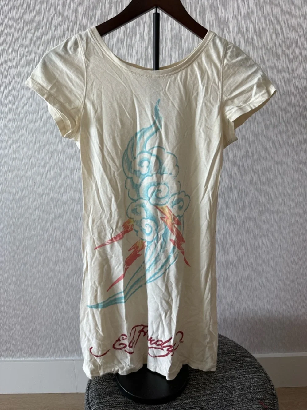 Ed Hardy Cream Tee Dress with Blue Swirl and Coral Accents - Picture 1 of 3